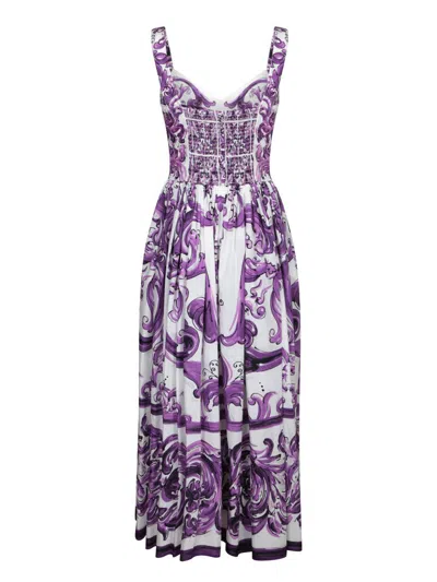 Dolce & Gabbana Dress With Purple Majolica Print In Cotton Poplin In Multi
