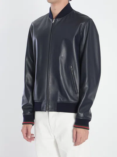 Gucci Signature Web Leather Bomber Jacket In Blue