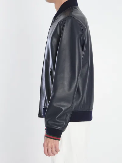 Gucci Signature Web Leather Bomber Jacket In Blue