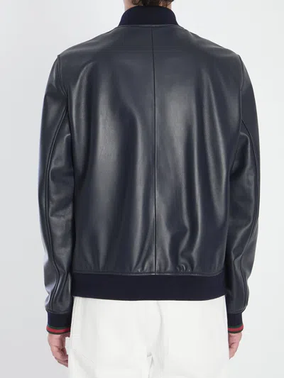 Gucci Signature Web Leather Bomber Jacket In Blue