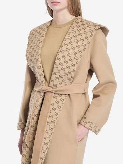 Gucci Women Camel Wool Blend Reversible Coat In Brown