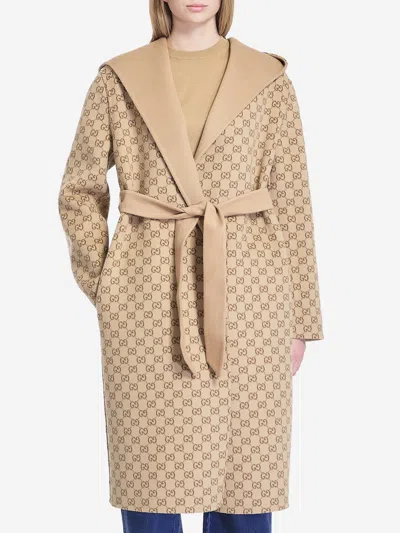 Gucci Women Camel Wool Blend Reversible Coat In Brown