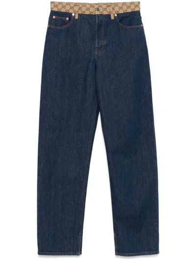 Gucci High-waist Boyfriend Pants With Logo Waistband In Blue