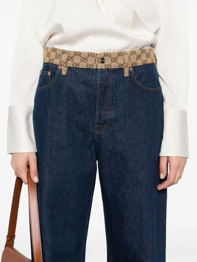 Gucci High-waist Boyfriend Pants With Logo Waistband In Blue