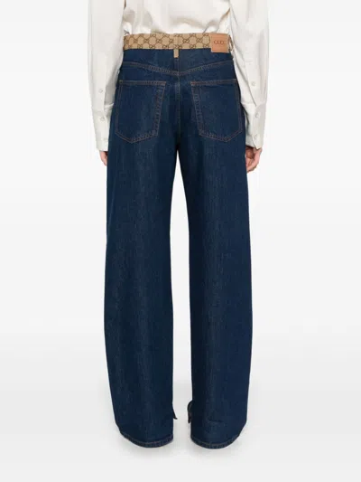 Gucci High-waist Boyfriend Pants With Logo Waistband In Blue