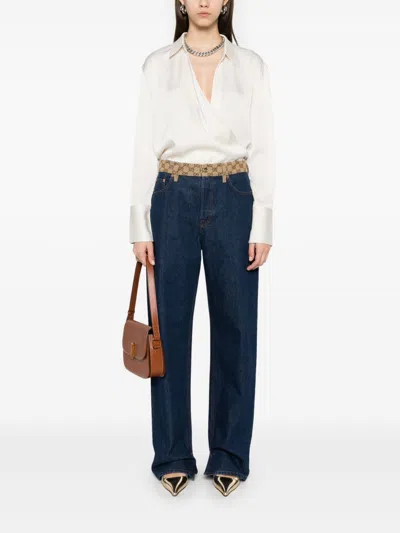 Gucci High-waist Boyfriend Pants With Logo Waistband In Blue