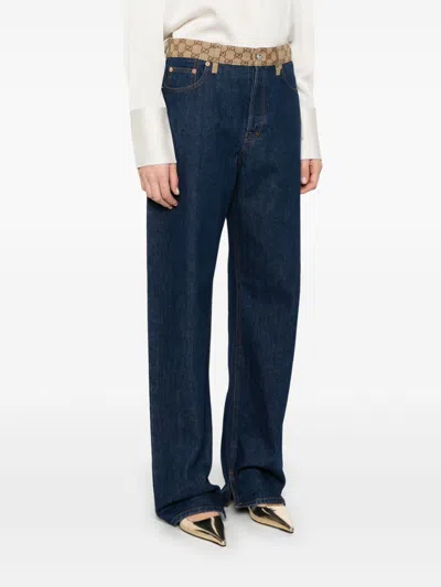 Gucci High-waist Boyfriend Pants With Logo Waistband In Blue