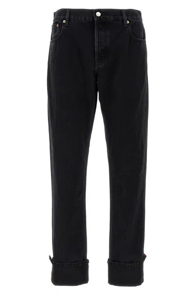 Gucci Men Web Turn-up Slim-fit Jeans In Black
