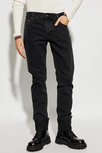 Gucci Men Web Turn-up Slim-fit Jeans In Black
