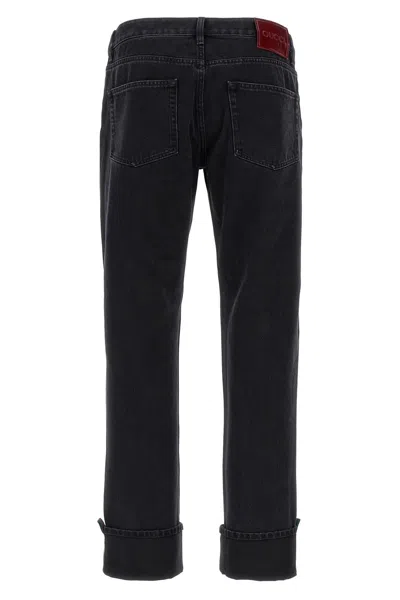 Gucci Men Web Turn-up Slim-fit Jeans In Black