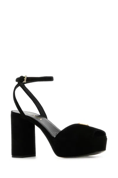 Prada Suede Block Heel Sandals With Open Toe In Black