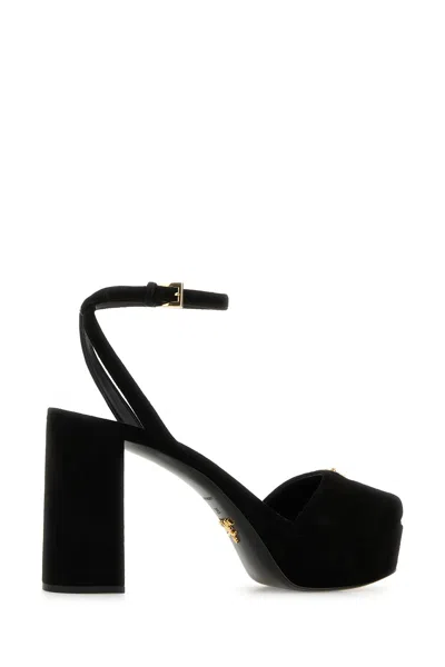 Prada Suede Block Heel Sandals With Open Toe In Black