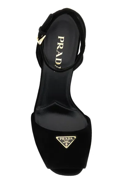 Prada Suede Block Heel Sandals With Open Toe In Black
