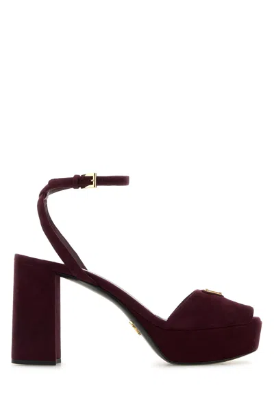 Prada Block Heel Open Toe Sandals With Suede Finish In Burgundy
