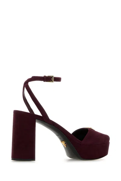 Prada Block Heel Open Toe Sandals With Suede Finish In Burgundy