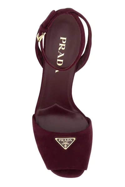 Prada Block Heel Open Toe Sandals With Suede Finish In Burgundy
