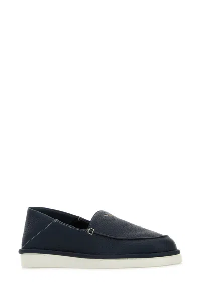 Prada Mocassini In Pelle Blu Uomo