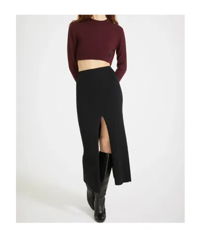 Patou Wool Skirt With Front Slit And Ribbed Texture In Black