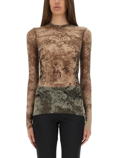 Jean Paul Gaultier Sheer Medallion Print Slim Fit Top In Brown