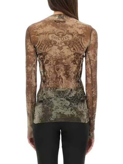 Jean Paul Gaultier Sheer Medallion Print Slim Fit Top In Brown