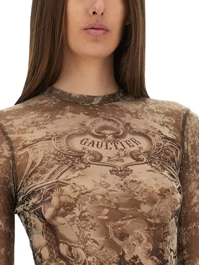 Jean Paul Gaultier Sheer Medallion Print Slim Fit Top In Brown