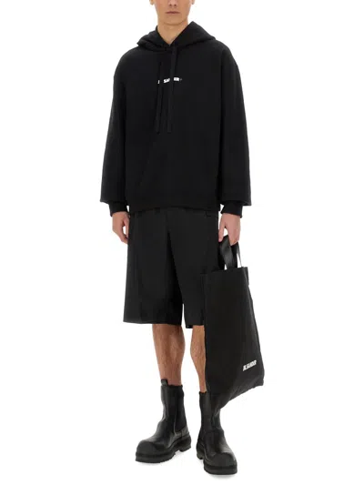 Jil Sander Relaxed Fit Black Cotton Hoodie With Logo Print In Black