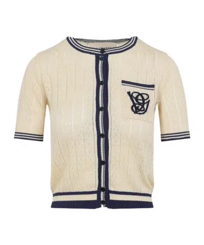 Valentino Embroidered Cardigan With Chest Pocket And Short Sleeves In Neutral