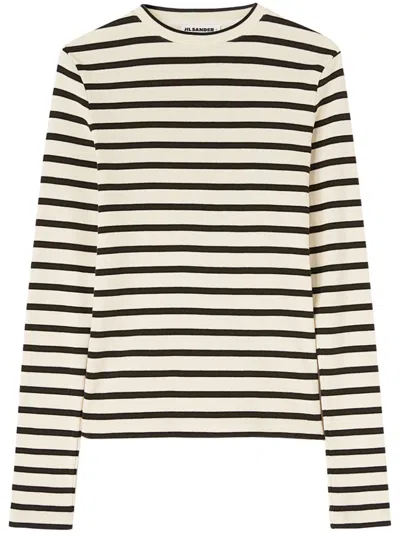 Jil Sander Fine Ribbed Off-white And Black Crew Neck Sweater