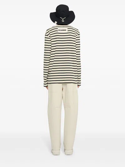 Jil Sander Fine Ribbed Off-white And Black Crew Neck Sweater