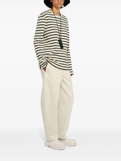Jil Sander Fine Ribbed Off-white And Black Crew Neck Sweater
