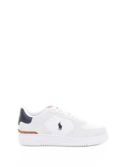 Ralph Lauren Lauren  White Leather Sneaker With Navy Logo In White