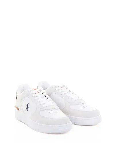 Ralph Lauren Lauren  White Leather Sneaker With Navy Logo In White