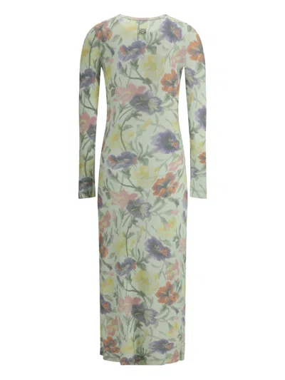 Loewe Women Morning Glory Print Cotton And Silk Multicolor Dress In Green
