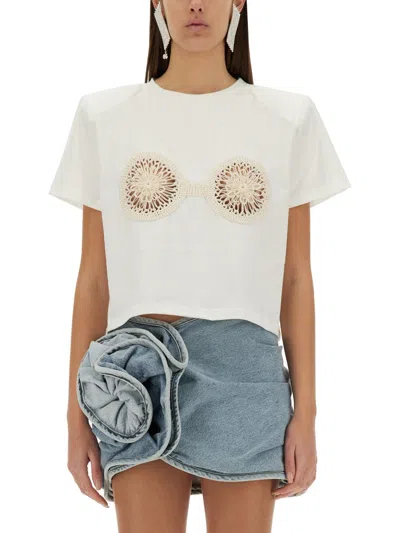 Magda Butrym Cropped Cotton T-shirt With Unique Front Embroidery In White