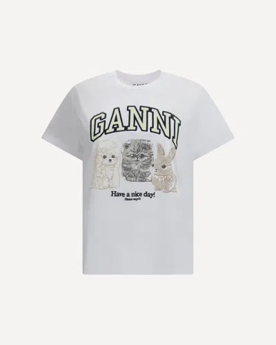 Ganni Women White Crewneck T-shirt With Maxi Logo On The Front In Cotton Woman In Multi