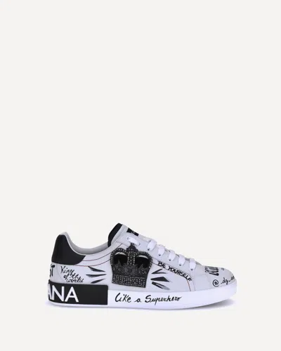 Dolce & Gabbana White Low Top Sneakers With Logo Patch On The Tongue And All-over Print