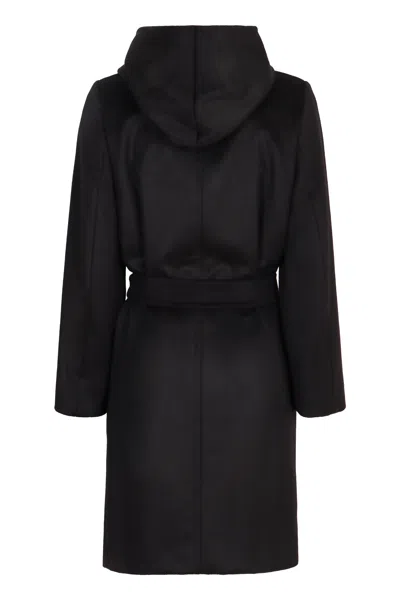 Max Mara Waist Belted Button Detail Hooded Jacket In Black