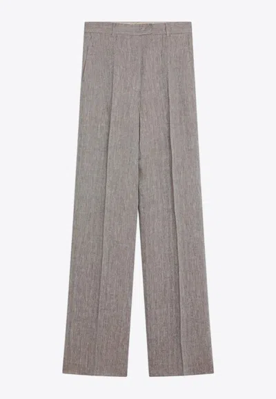 Max Mara Beige Straight Linen Pants In Gray
