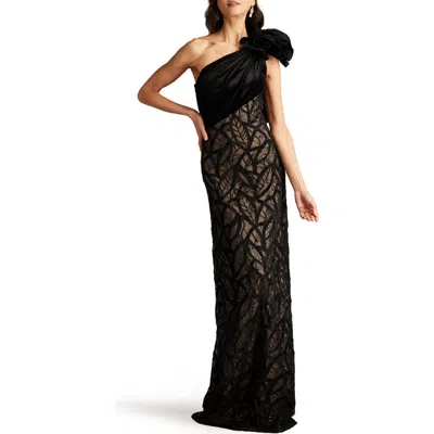 Tadashi Shoji Flower Detail Sequin Lace One-shoulder Gown