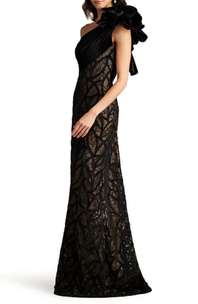 Tadashi Shoji Flower Detail Sequin Lace One-shoulder Gown