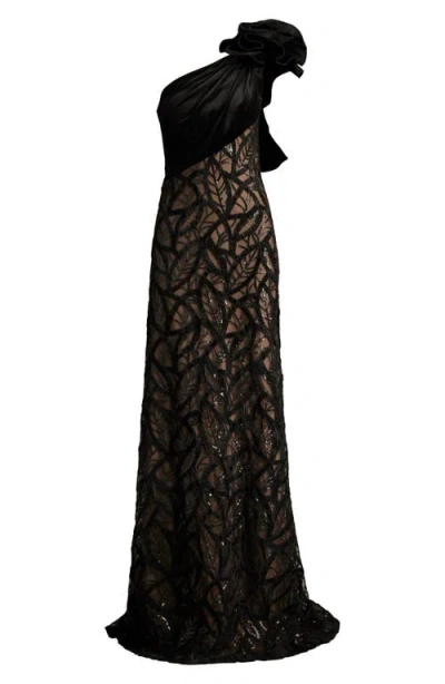 Tadashi Shoji Flower Detail Sequin Lace One-shoulder Gown