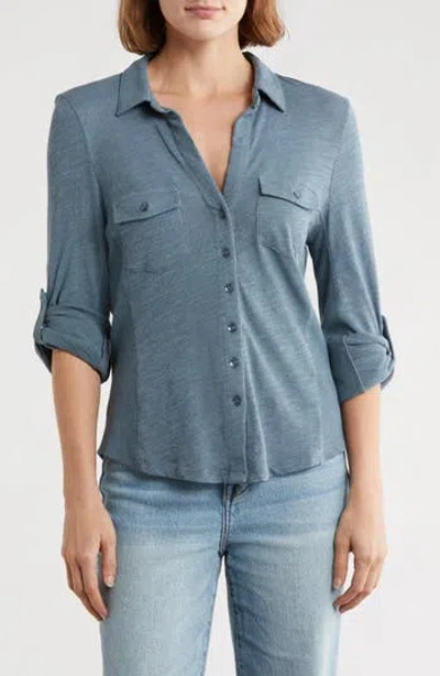 Caslon ® Roll Sleeve Knit Button-up Shirt In Blue