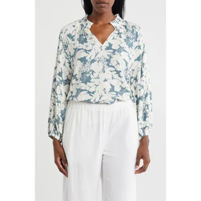 Caslon ® Smocked Split Neck Top In Blue