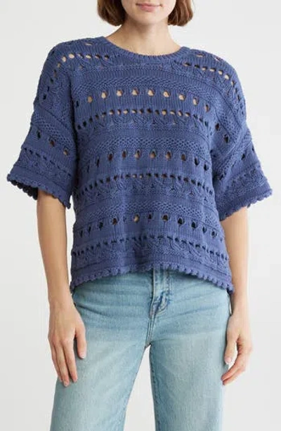 Melrose And Market Elbow Sleeve Cotton Pointelle Sweater In Blue
