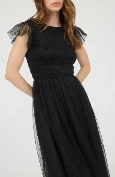 Blu Pepper Smocked Flutter Sleeve Midi Dress In Black