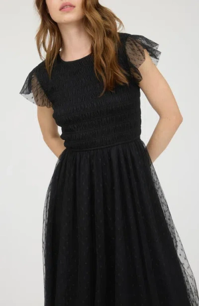 Blu Pepper Smocked Flutter Sleeve Midi Dress In Black
