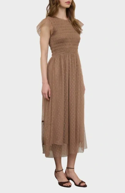 Blu Pepper Smocked Flutter Sleeve Midi Dress In Gray
