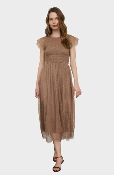 Blu Pepper Smocked Flutter Sleeve Midi Dress In Gray