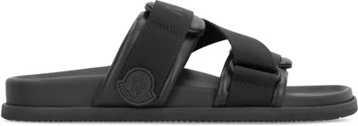 Moncler Mon Summer Leather Sandals With Nylon Details In Black