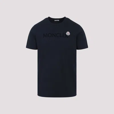 Moncler Men T-shirt With Flocked Cotton Logo In Blue